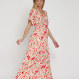FLORAL KIMONO SLEEVE LONG MAXI DRESS MAGDALENE - WHITE AND RED
