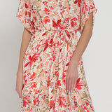 FLORAL KIMONO SLEEVE LONG MAXI DRESS MAGDALENE - WHITE AND RED
