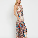 FLORAL STYLISH HALTER MAXI DRESS - BEIGE , BROWN AND RUST