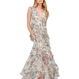 WHIMSICAL FLORAL CASCADE CHIFFON LONG MAXI DRESS KIARA - EFFORTLESS ELEGANCE FOR WOMEN - CREAM