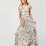 WHIMSICAL FLORAL CASCADE CHIFFON LONG MAXI DRESS KIARA - EFFORTLESS ELEGANCE FOR WOMEN - CREAM