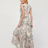 WHIMSICAL FLORAL CASCADE CHIFFON LONG MAXI DRESS KIARA - EFFORTLESS ELEGANCE FOR WOMEN - CREAM