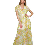 BREEZY CHIFFON FLORAL WRAP LONG MAXI DRESS FLORA WITH GARDEN PRINT-YELLOW