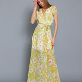 BREEZY CHIFFON FLORAL WRAP LONG MAXI DRESS FLORA WITH GARDEN PRINT-YELLOW