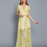 BREEZY CHIFFON FLORAL WRAP LONG MAXI DRESS FLORA WITH GARDEN PRINT-YELLOW