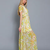 BREEZY CHIFFON FLORAL WRAP LONG MAXI DRESS FLORA WITH GARDEN PRINT-YELLOW