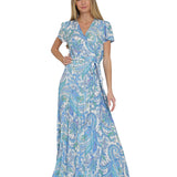 FRESH RAYON FLORAL WRAP LONG MAXI DRESS JANE WITH GARDEN PRINT-BLUE AND WHITE