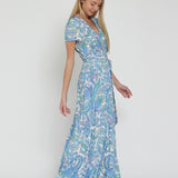 FRESH RAYON FLORAL WRAP LONG MAXI DRESS JANE WITH GARDEN PRINT-BLUE AND WHITE