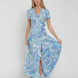 FRESH RAYON FLORAL WRAP LONG MAXI DRESS JANE WITH GARDEN PRINT-BLUE AND WHITE