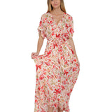 FLORAL KIMONO SLEEVE LONG MAXI DRESS - WHITE AND RED