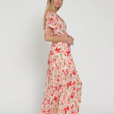 FLORAL KIMONO SLEEVE LONG MAXI DRESS - WHITE AND RED