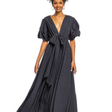 ELEGANT NOIR PUFF-SLEEVE V-NECK LONG MAXI DRESS ESTELA - BLACK