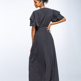 ELEGANT NOIR PUFF-SLEEVE V-NECK LONG MAXI DRESS ESTELA - BLACK