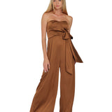 RICH CARAMEL ELEGANCE STRAPLESS SATIN JUMPSUIT FOR WOMEN - BROWN