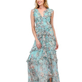 CASCADE OF ELEGANCE CHIFFON FLORAL LONG MAXI DRESS - TIMELESS BEAUTY FOR WOMEN - BLUE/ GREEN