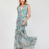 CASCADE OF ELEGANCE CHIFFON FLORAL LONG MAXI DRESS - TIMELESS BEAUTY FOR WOMEN - BLUE/ GREEN