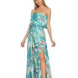 STRAPLESS TUBE TROPICAL BELTED LONG MAXI DRESS EVE, WITH BLUE AND JADE GREEN PALM LEAVE PRINT