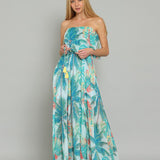 STRAPLESS TUBE TROPICAL BELTED LONG MAXI DRESS EVE, WITH BLUE AND JADE GREEN PALM LEAVE PRINT
