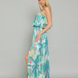 STRAPLESS TUBE TROPICAL BELTED LONG MAXI DRESS EVE, WITH BLUE AND JADE GREEN PALM LEAVE PRINT
