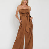 RICH CARAMEL ELEGANCE STRAPLESS SATIN JUMPSUIT FOR WOMEN - BROWN