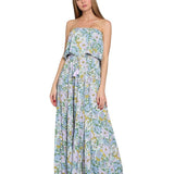 STRAPLESS TUBE FLORAL BELTED LONG MAXI DRESS EVE, WITH BLUE AND LILAC FLOWERS. FOR WOMEN