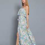 STRAPLESS TUBE FLORAL BELTED LONG MAXI DRESS EVE, WITH BLUE AND LILAC FLOWERS. FOR WOMEN