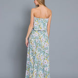 STRAPLESS TUBE FLORAL BELTED LONG MAXI DRESS EVE, WITH BLUE AND LILAC FLOWERS. FOR WOMEN
