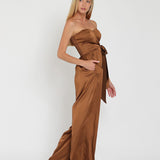 RICH CARAMEL ELEGANCE STRAPLESS SATIN JUMPSUIT FOR WOMEN - BROWN