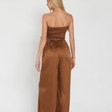 RICH CARAMEL ELEGANCE STRAPLESS SATIN JUMPSUIT FOR WOMEN - BROWN