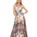 FLORAL STYLISH HALTER MAXI DRESS - BEIGE , BROWN AND RUST