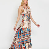 FLORAL STYLISH HALTER MAXI DRESS - BEIGE , BROWN AND RUST