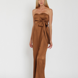 RICH CARAMEL ELEGANCE STRAPLESS SATIN JUMPSUIT FOR WOMEN - BROWN