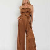 RICH CARAMEL ELEGANCE STRAPLESS SATIN JUMPSUIT FOR WOMEN - BROWN