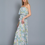 STRAPLESS TUBE FLORAL BELTED LONG MAXI DRESS EVE, WITH BLUE AND LILAC FLOWERS. FOR WOMEN
