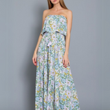 STRAPLESS TUBE FLORAL BELTED LONG MAXI DRESS EVE, WITH BLUE AND LILAC FLOWERS. FOR WOMEN