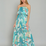 STRAPLESS TUBE TROPICAL BELTED LONG MAXI DRESS EVE, WITH BLUE AND JADE GREEN PALM LEAVE PRINT