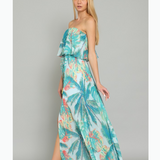 STRAPLESS TUBE TROPICAL BELTED LONG MAXI DRESS EVE, WITH BLUE AND JADE GREEN PALM LEAVE PRINT