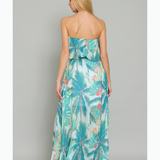 STRAPLESS TUBE TROPICAL BELTED LONG MAXI DRESS EVE, WITH BLUE AND JADE GREEN PALM LEAVE PRINT