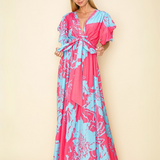 TROPICAL BREEZE PUFF-SLEEVE V-NECK LONG MAXI DRESS EUNICE - CORAL AND BLUE