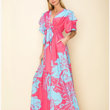 TROPICAL BREEZE PUFF-SLEEVE V-NECK LONG MAXI DRESS EUNICE - CORAL AND BLUE
