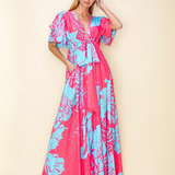 TROPICAL BREEZE PUFF-SLEEVE V-NECK LONG MAXI DRESS EUNICE - CORAL AND BLUE