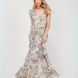 WHIMSICAL FLORAL CASCADE CHIFFON LONG MAXI DRESS HADASSAH - EFFORTLESS ELEGANCE FOR WOMEN - CREAM