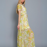 BREEZY CHIFFON FLORAL WRAP LONG MAXI DRESS FLORA WITH GARDEN PRINT ABIGAIL - YELLOW
