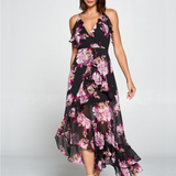 BLOOMING ELEGANCE RUFFLE MAXI DRESS YAEL FOR WOMEN - BLACK, PURPLE, PINK