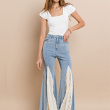 BOHO-CHIC LACE INSET FLARE JEANS GIORGIA IN TIMELESS BLUE FOR WOMEN
