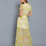 BREEZY CHIFFON FLORAL WRAP LONG MAXI DRESS FLORA WITH GARDEN PRINT ABIGAIL - YELLOW