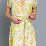 BREEZY CHIFFON FLORAL WRAP LONG MAXI DRESS FLORA WITH GARDEN PRINT ABIGAIL - YELLOW