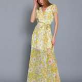 BREEZY CHIFFON FLORAL WRAP LONG MAXI DRESS FLORA WITH GARDEN PRINT ABIGAIL - YELLOW