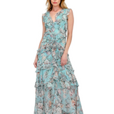 CASCADE OF ELEGANCE CHIFFON FLORAL LONG MAXI DRESS HADASSAH - TIMELESS BEAUTY FOR WOMEN - BLUE/ GREEN