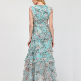 CASCADE OF ELEGANCE CHIFFON FLORAL LONG MAXI DRESS HADASSAH - TIMELESS BEAUTY FOR WOMEN - BLUE/ GREEN